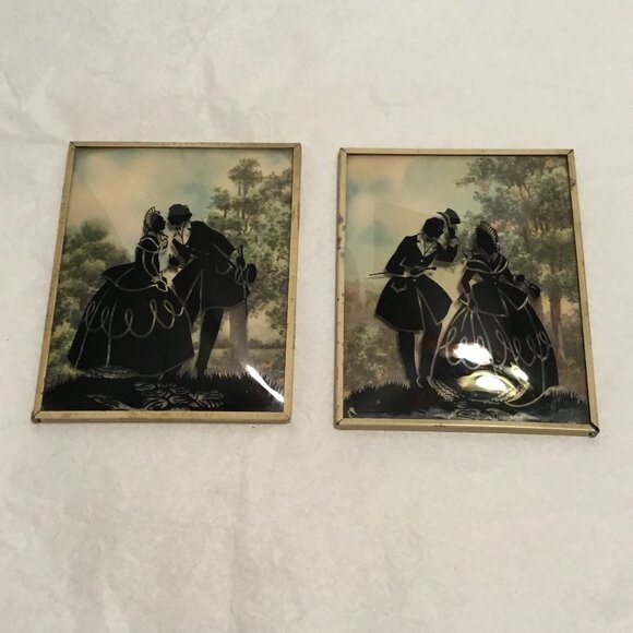 Set of vintage Convex Glass Reverse painted Silhouette Pictures Victorian scenes - Picture 2 of 16